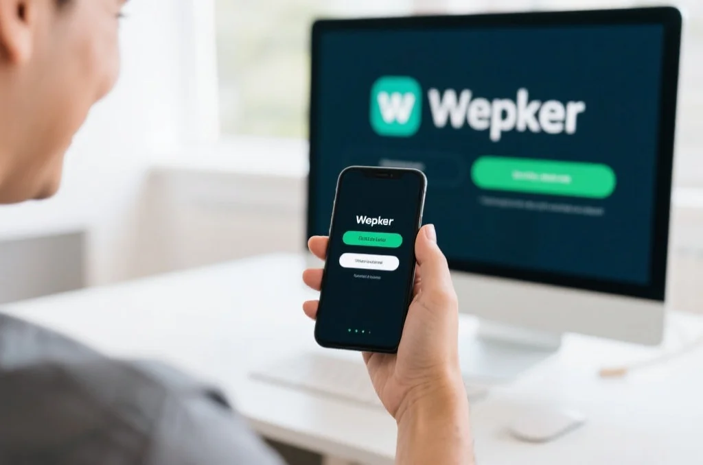 桌面上显示wepoker应用安装成功的界面，用户手持手机露出满意的微笑，环境明亮整洁